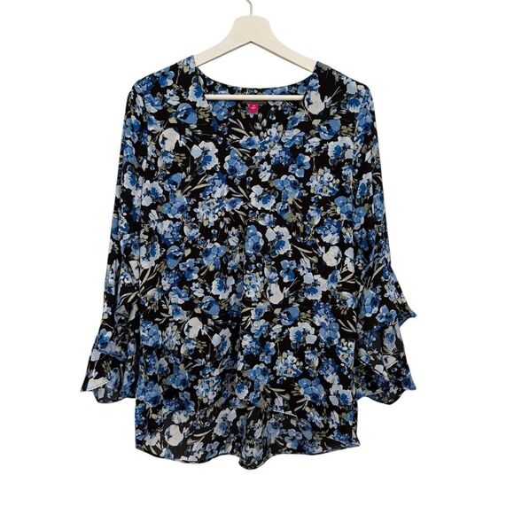 Vince Camuto Blue Floral Bell Sleeve Blouse - Picture 3 of 9